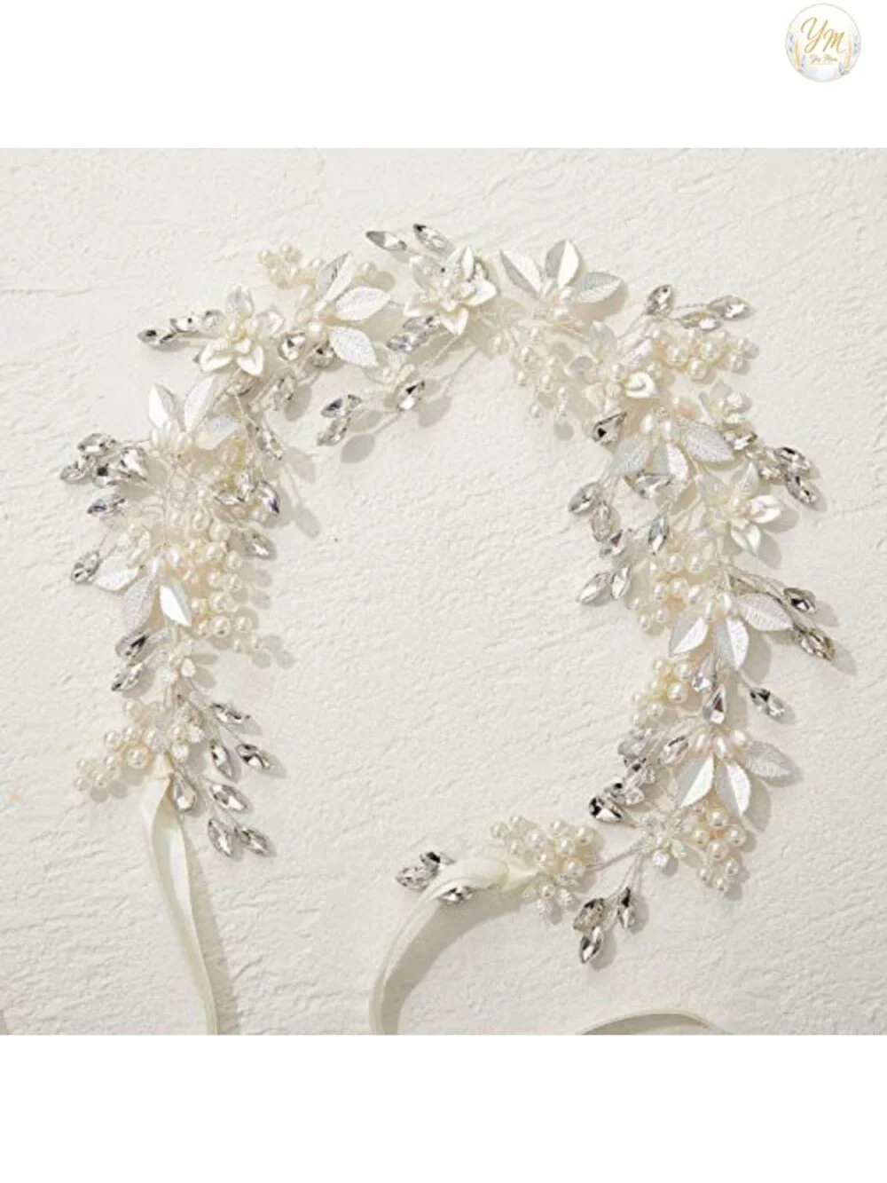 Handmade Rhinestone Pearl Bridal Headband with Flower Leaf Design